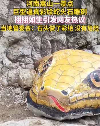 景点石头被彩绘成巨型蛇头